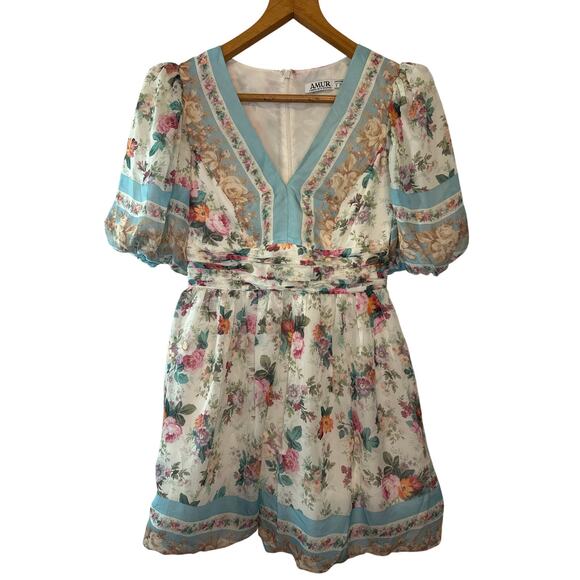 AMUR Silk Floral Puff Sleeve Elise Mini Dress Size 2 Floral Pastel Blue - Picture 4 of 11